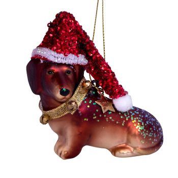 Vondels glass Christmas Ornament Glass Dachshund Dog with Santa Hat 8cm Brown