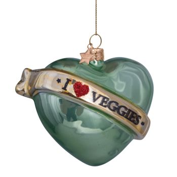 Vondels glass Christmas ball Heart 'I love veggies' 8.5cm green