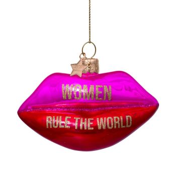 Vondels glass Christmas Ornament Lips 'Woman Rule the World' 7.5cm Pink