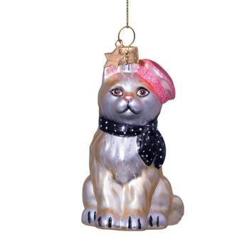 Vondels glass Christmas Ornament Cat with Scarf and Beret 8.5cm Grey