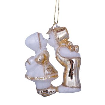 Vondels glass Christmas Ornament Kissing Boy and Girl 8.5cm White, Gold