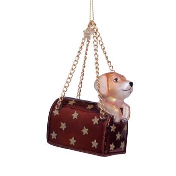 Vondels glass Christmas Ornament Handbag with Labrador Puppy 7cm Brown