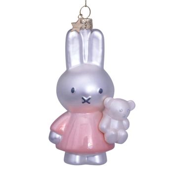 Vondels glass Christmas ball Miffy pink dress with bear 11cm white