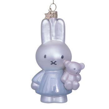 Vondels glass Christmas Ornament Miffy in Blue Dress with Teddy Bear 11cm White