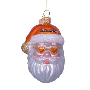 Vondels glass Christmas Ornament Santa Claus in Dutch National Team Jersey with Heart Glasses 10cm Orange