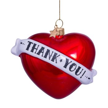 Vondels glazen kerstbal hart 'thank you' 10cm rood, wit 