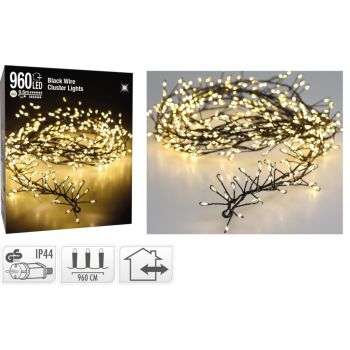 Cluster Christmas lights black wire 960 LED 9.6 meters warm white