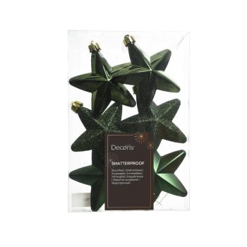 Decoris plastic Christmas ball star 7.5cm pine green 6 pieces