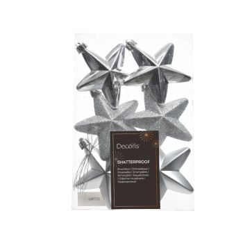 Decoris plastic Christmas ball star 7.5cm silver 6 pieces