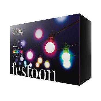 Twinkly Festoon - Guirnalda LED controlada por aplicación 40 RGB 16 millones de colores cable negro de 20 metros