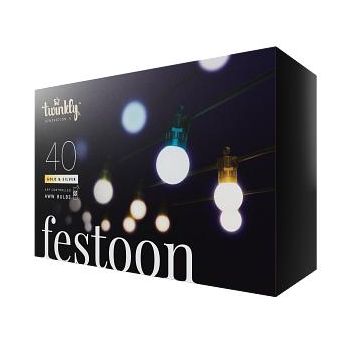 Twinkly Festoon – App-gestuurd lichtsnoer met 40 AWW (amber warm wit koel wit) LED 20 meter zwarte kabel