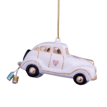 Vondels glazen kerstbal trouwauto 'just married' 7.5cm wit 