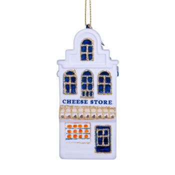 Vondels glass Christmas Ornament Canal House with Cheese Shop 9cm White, Blue