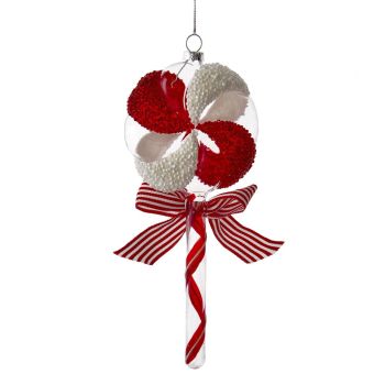 Kurt S. Adler glass Christmas ornament lollipop with bow 20cm red, white