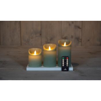 Collezione di candele a LED ricaricabile effetto fiamma rustico con stazione di ricarica set 7,5 cm verde giada 3 pezzi