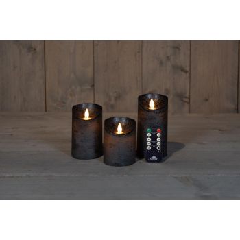 Colección de velas LED de efecto de llama rústico de Anna, juego de 3 piezas de 7.5 cm en antracita.