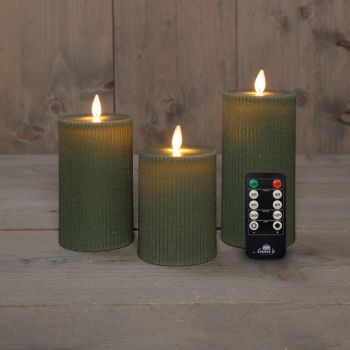 Colección de velas LED con efecto de llama en relieve de 7,5 cm en verde jade, set de 3 unidades.