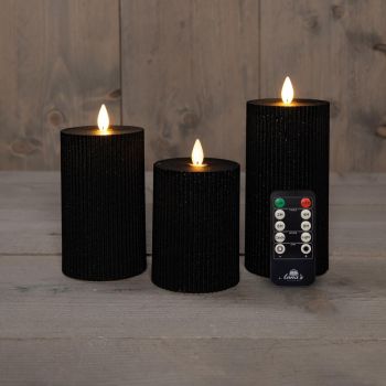 Set di 3 candele a LED con effetto fiamma a coste di Anna's Collection, nero, 7,5 cm