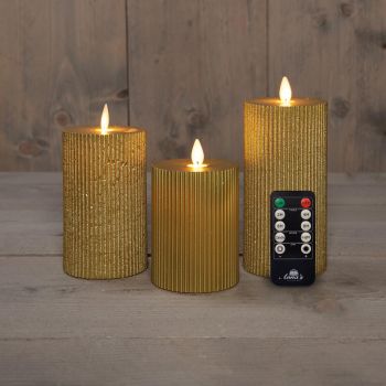 Colección de velas LED de Anna, efecto de llama estriado, juego de 3 piezas, 7,5 cm, color dorado.