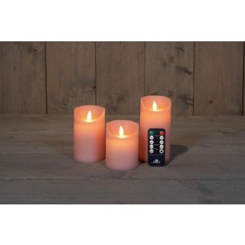 Colección de velas LED con efecto de llama rústico de Anna, set de 3 unidades de color rosa claro de 7.5 cm.