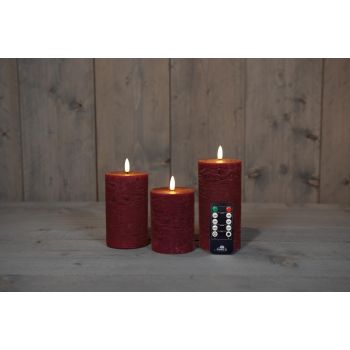 Anna's Collection LED candle 3d flame rustic set 7.5 cm bordeaux 3 pieces