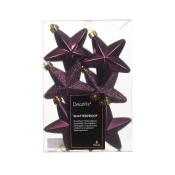 Decoris plastic Christmas ball star 7.5cm dark mauve 6 pieces