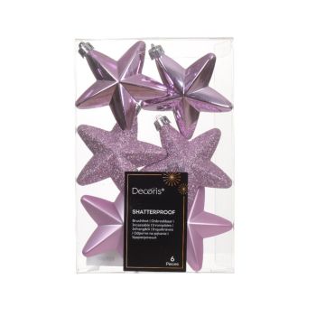 Decoris plastic Christmas ball star 7.5cm fresh lilac 6 pieces