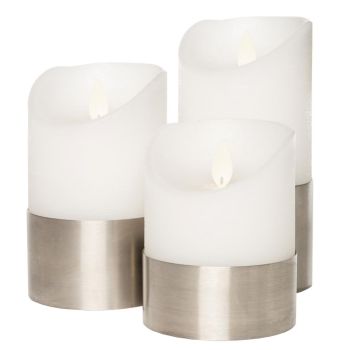 B.o. 3rd candle wax rustic moving flame 7.5x10/12.5/15cm white with silver ring